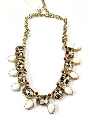Lee Angel Gold Tone Animal Print Statement Necklace White Drops Red Beads